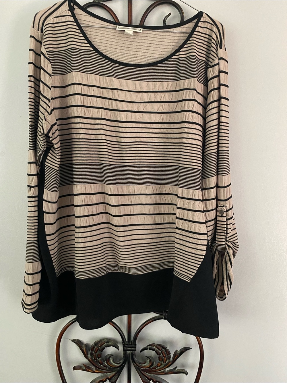 Dana Buchman Beige and Black Striped Long Sleeve Top